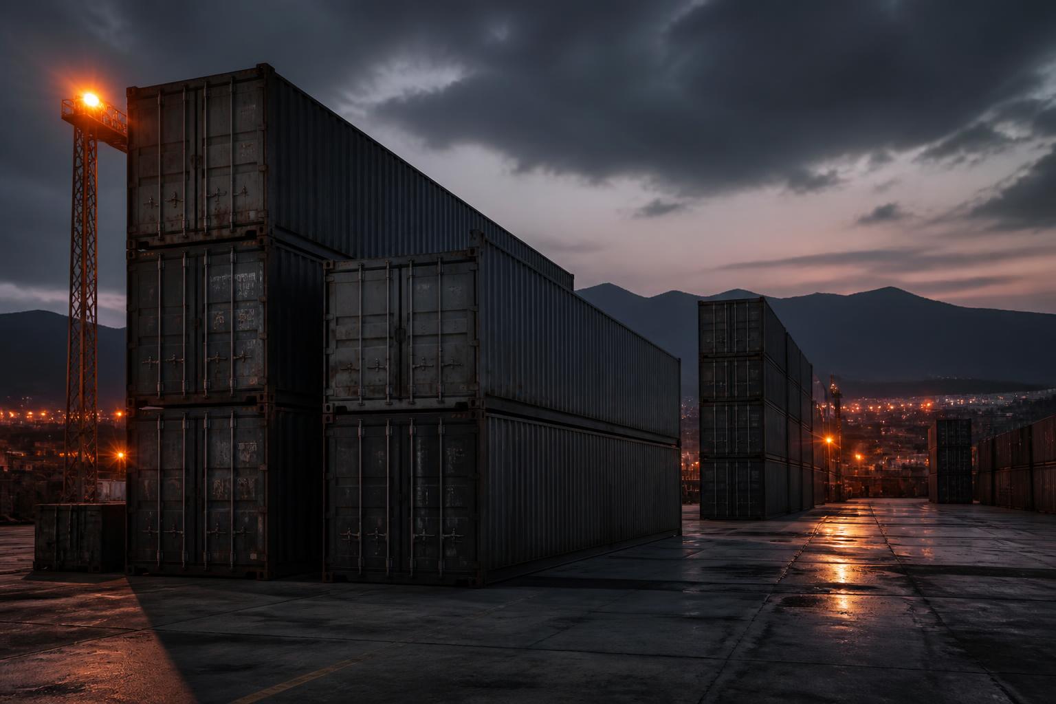 Industrial container yard at dusk